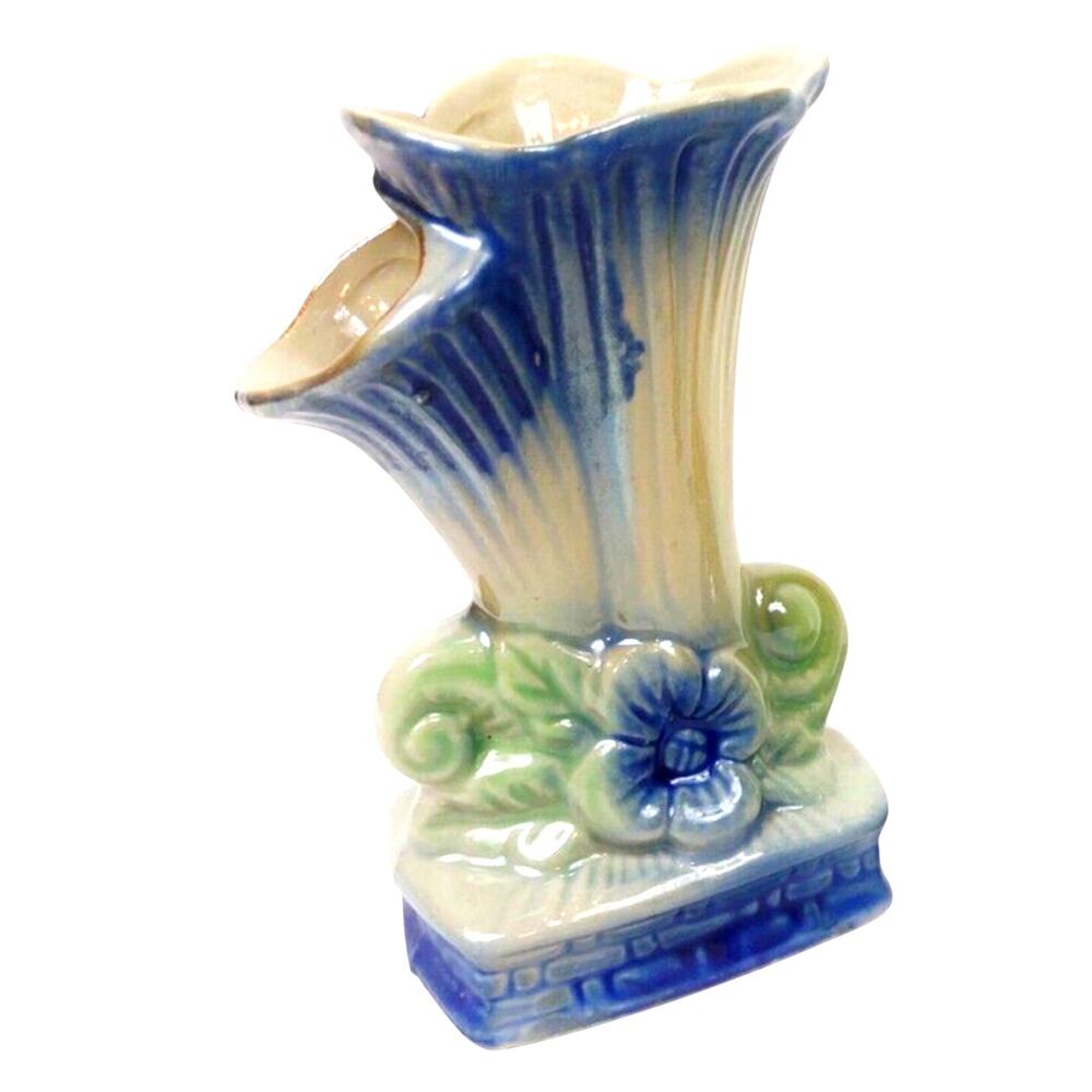 Vintage Trumpet Vase Iridescent Blue Gold Floral 2 Openings 5" Brazil Made